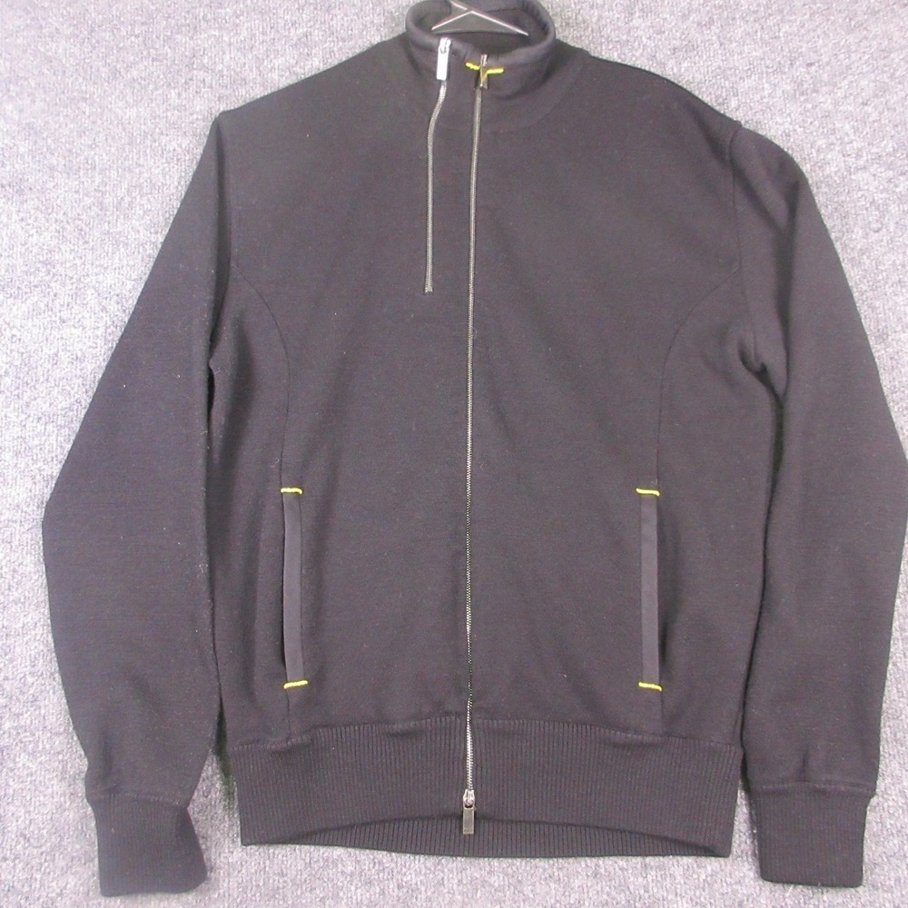 Zegna Sport Sweater Mens Medium Black Full Zip Mock Neck Knit Pockets Cardigan